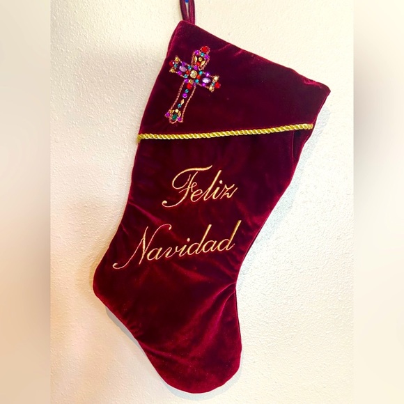 Felix Navidad Velveteen Burgundy Christmas Stocking - Picture 3 of 4